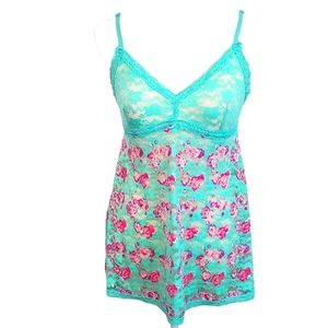 B'DELICIOUS | Women's turquoise with pink floral lace lingerie. Size medium.